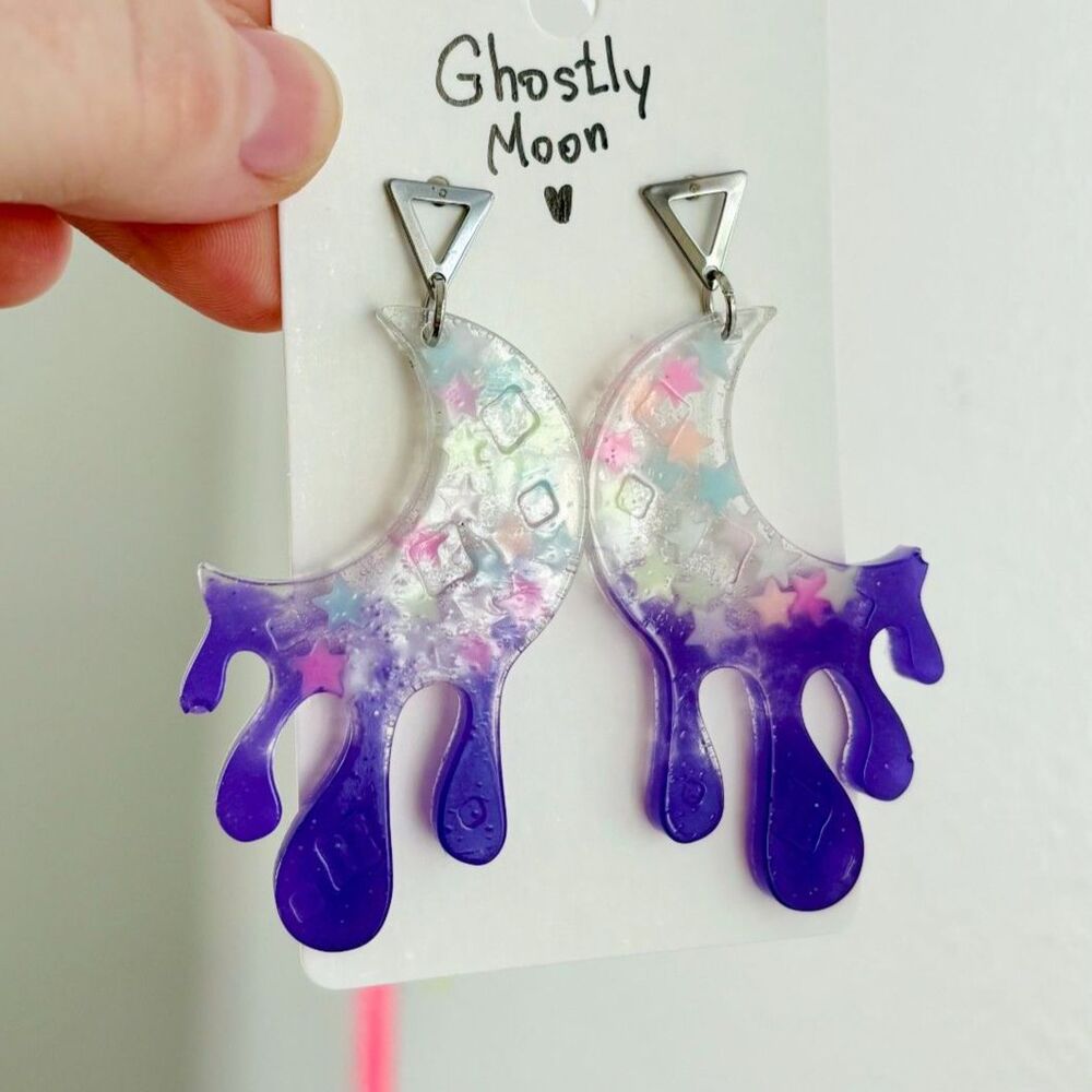 Glow in the Dark Crescent Moon Earrings Handmade Resin Witchy Halloween Jewelry